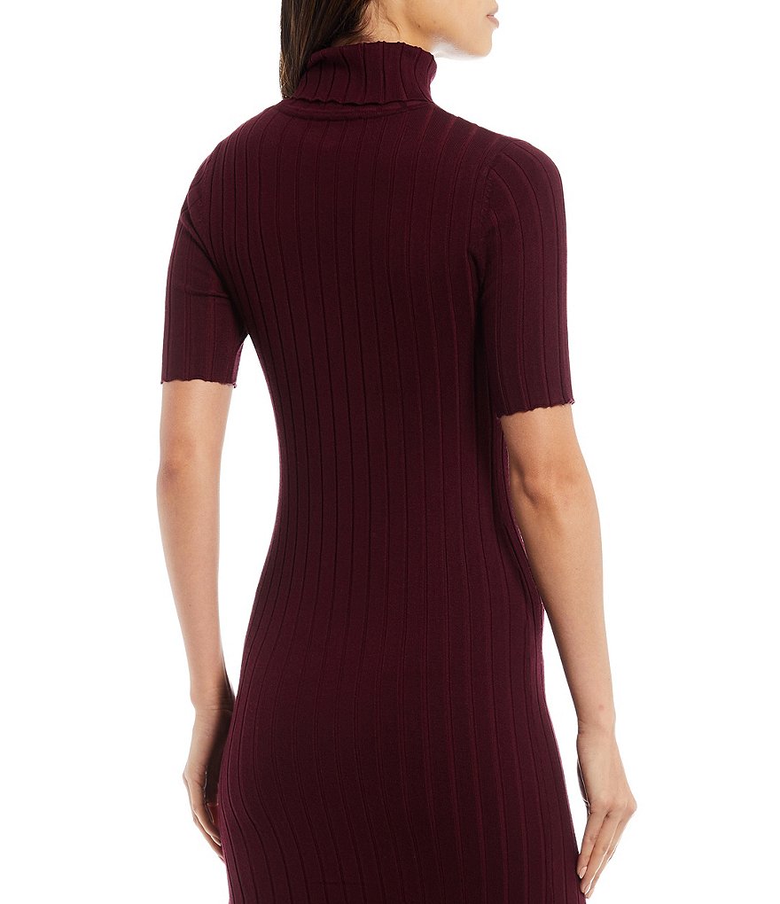 Julie Brown Ellen Stretch Knit Turtleneck Side Slit Detail Short Sleeve Bodycon Dress