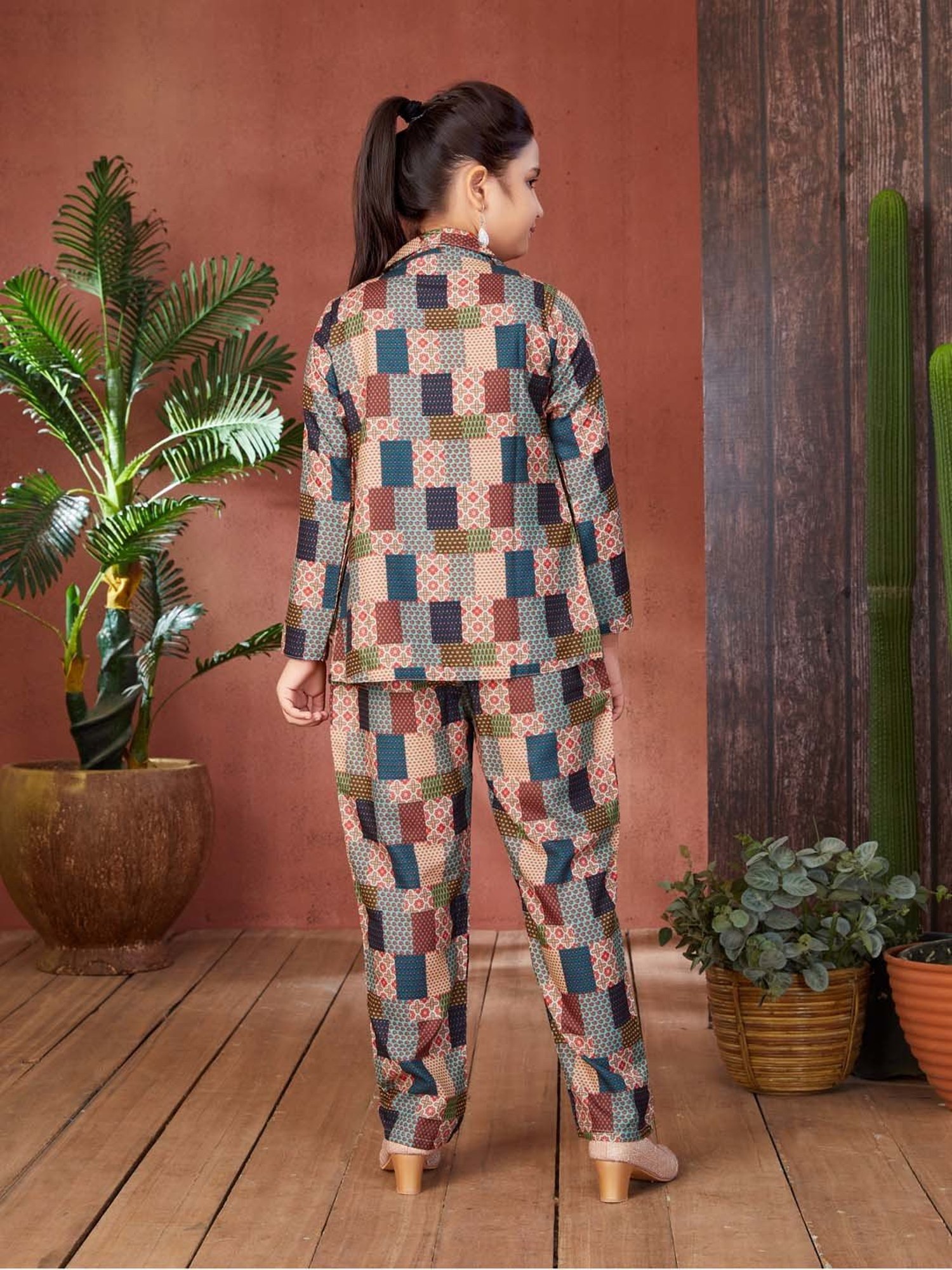 Aarika Girls Multicolor Printed Full Sleeves Crop Top, Pants with Coat