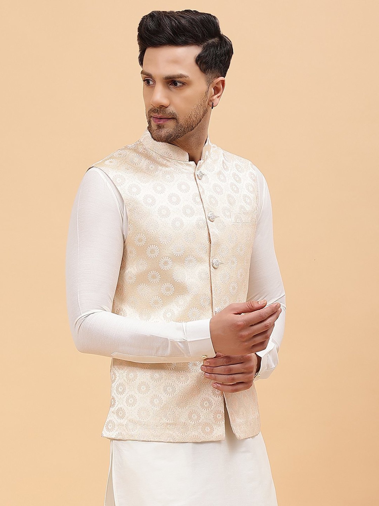 See Designs Gold Regular Fit Self Pattern Nehru Jacket