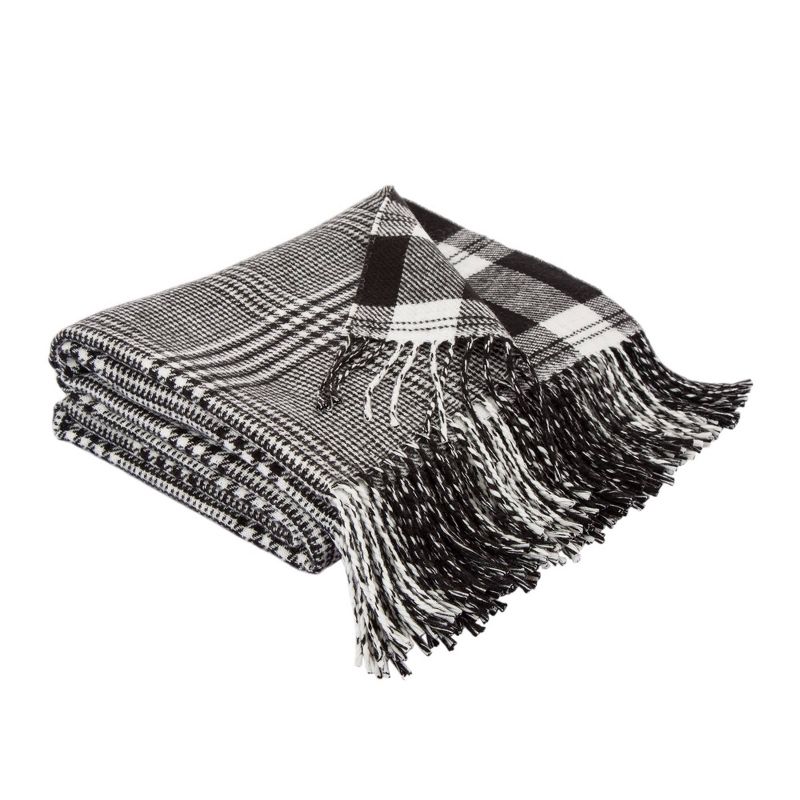 60" x 50" Acrylic Reversible Plaid Woven Throw Blanket Black and White - Glitzhome