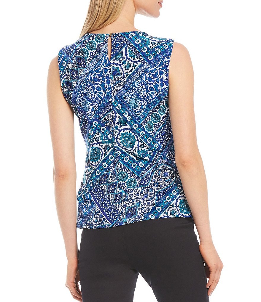 Calvin Klein Paisley Patchwork Print Matte Jersey Pleat Round Neck Sleeveless Top