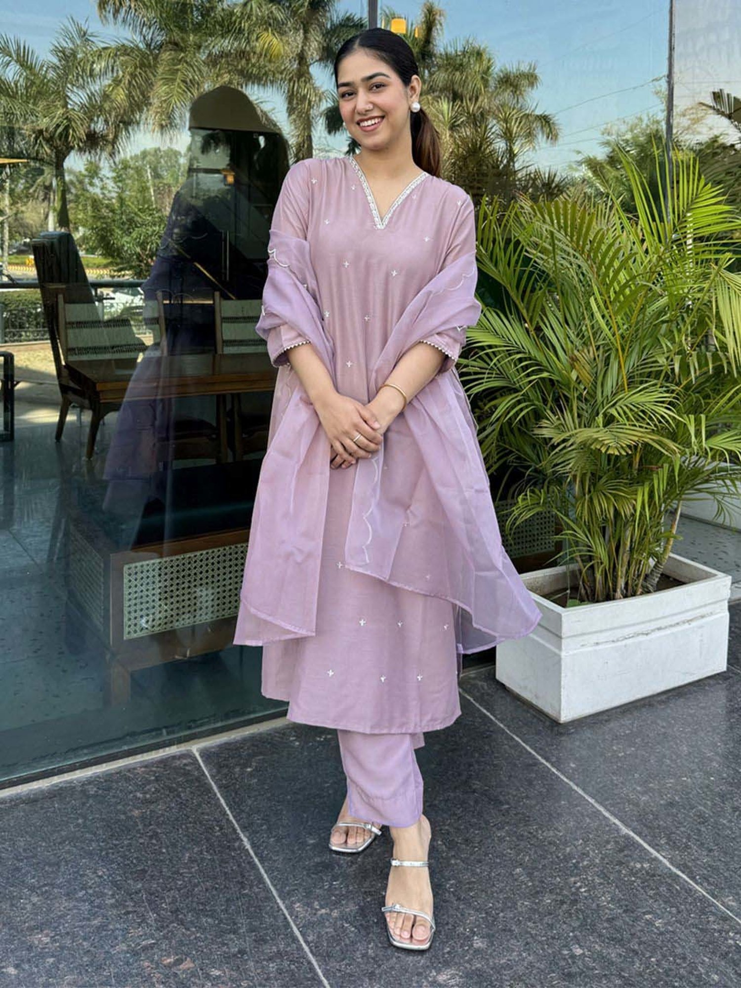 Janasya Lavender Embellished Kurta & Pant Set With Dupatta