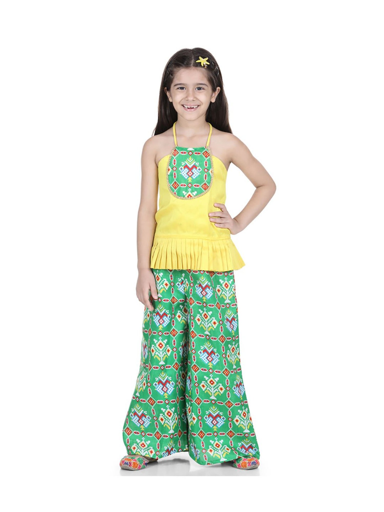 BownBee Kids Green & Yellow Printed Patola with Palazzo