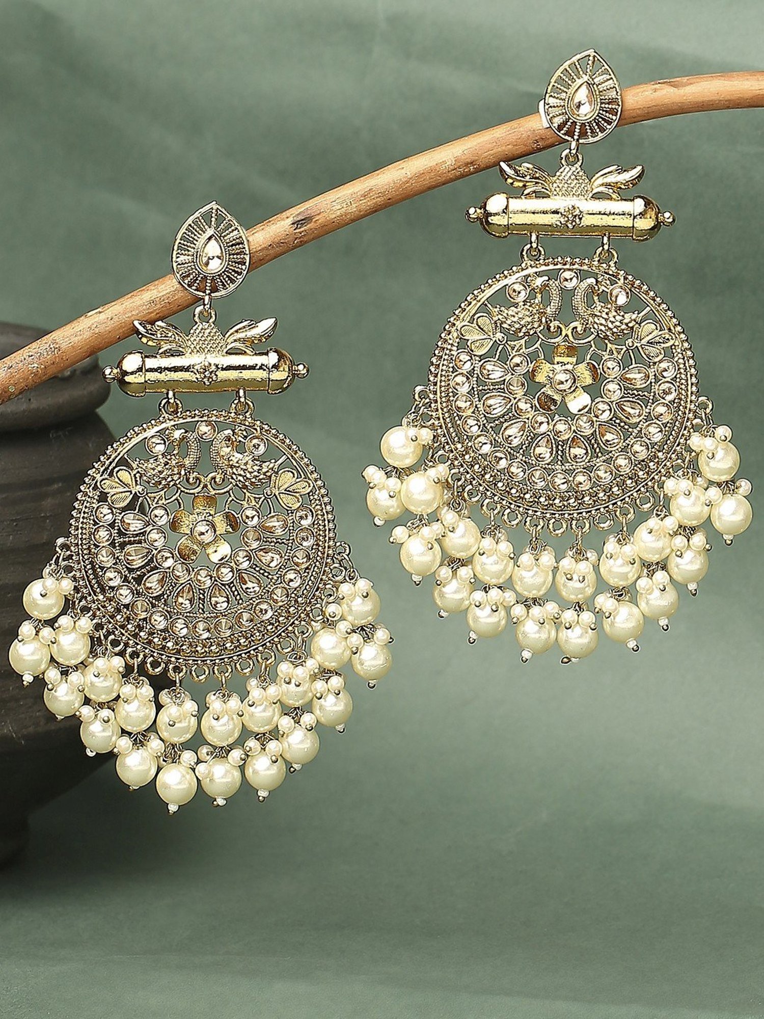 Oomph Gold Tone Kundan & Pearls Peacock Design Ethnic Large Chand Bali Earrings