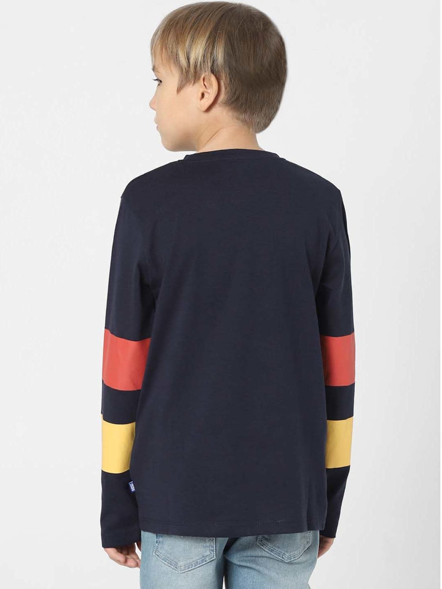 Jack & Jones Junior Blazer Navy & Yellow Cotton Printed Full Sleeves T-Shirt