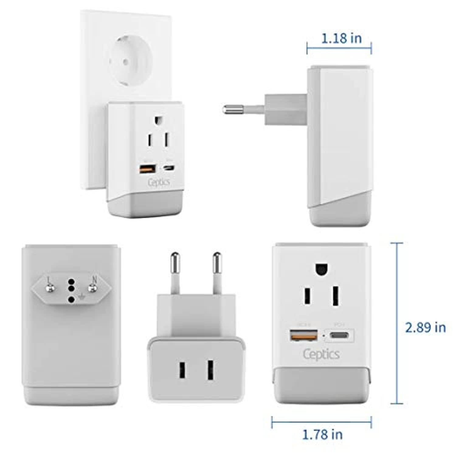 European Travel Power Plug Adapter QC 3.0  and  PD by Ceptics, Safe Dual USB  and  USB-C - 2 USA Socket - Compact  and  Powerful - Use in Greece Italy Switzerland Turkey Portugal - Type C AP-9 (AP-9C)