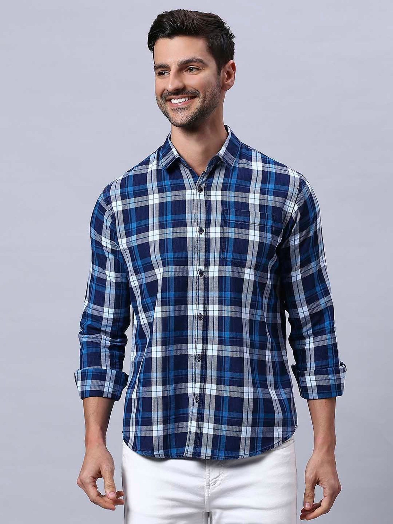 HJ HASASI Blue Slim Fit Check Cotton Shirt
