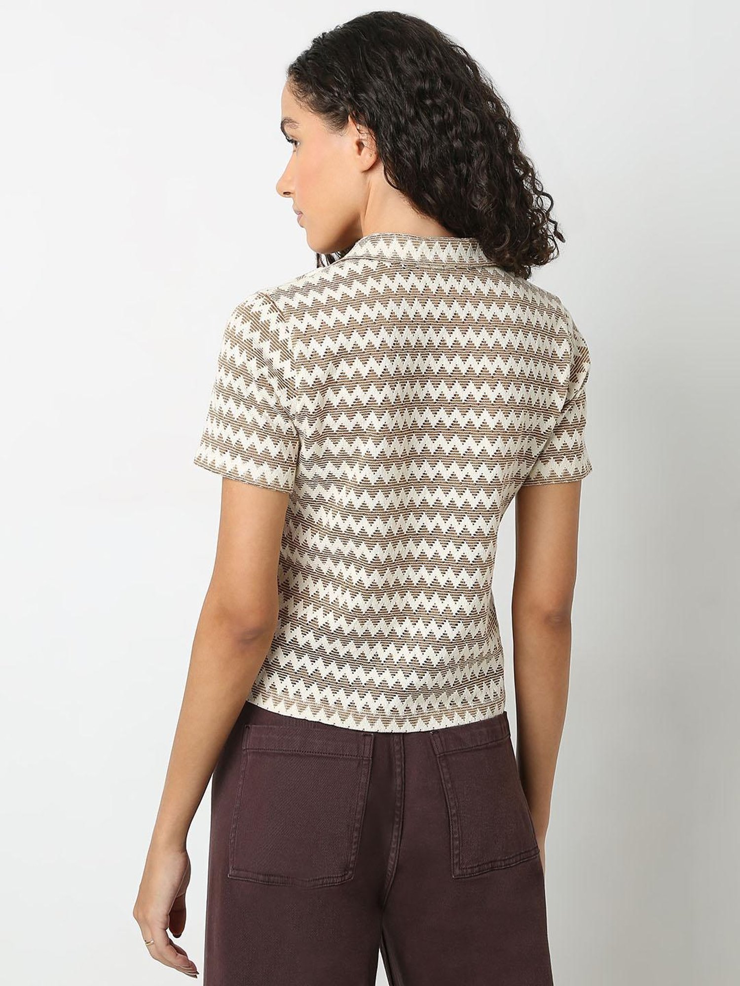 Vero Moda Brown & White Cotton Self Design Polo T-Shirt