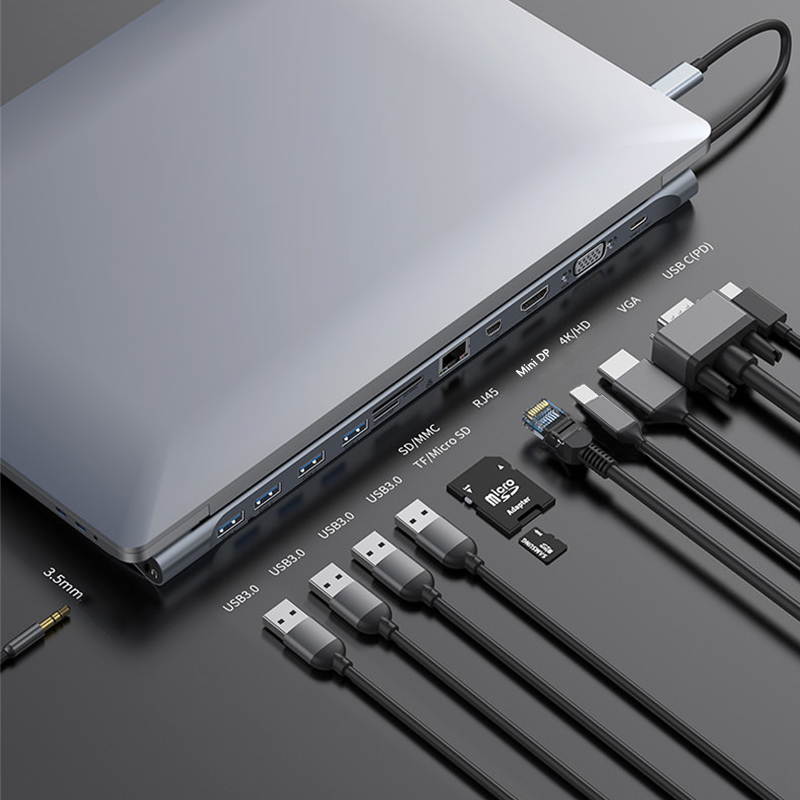 12 Ports Type-C Hub USBC to HDMI + 4*USB 3.0 + VGA + Mini DP + RJ45 + SD/TF + 3.5mm jackAudio + PD Charge USB Dock Station Multifunctional Converter for MacBook Pro