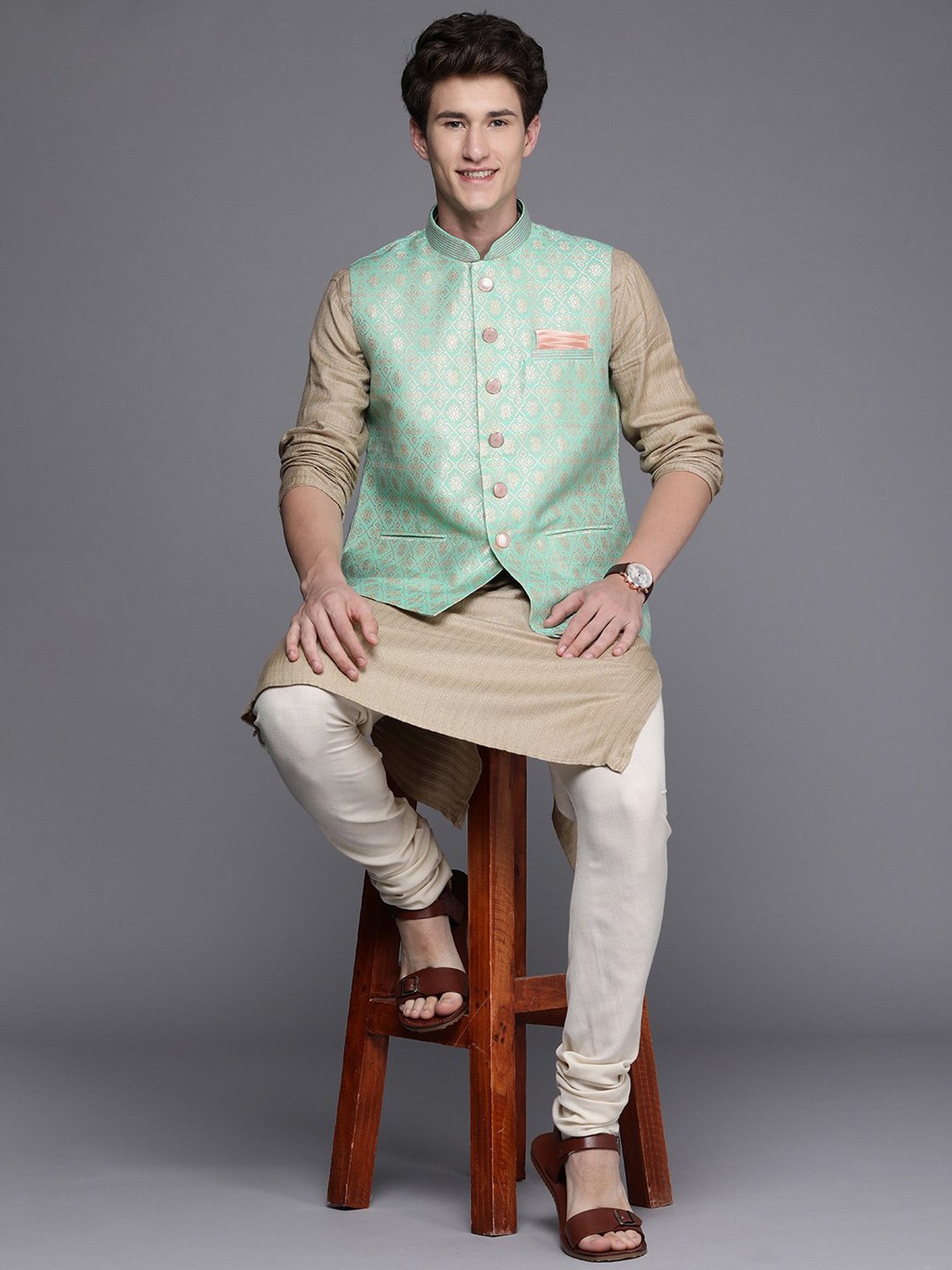 Manyavar Green Regular Fit Self Design Nehru Jacket
