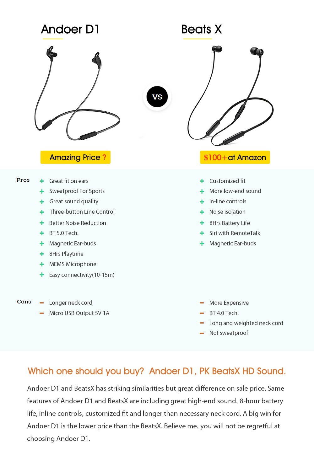 Andoer D1 Wireless BT Earphones PK BeatsX Wireless Sport Running Headphones BT5.0 8 Hours Playtime Richer Bass HD Stereo Magnetic Noise Cancelling Earbuds Hands Free Call Headset with Mic Compatible W