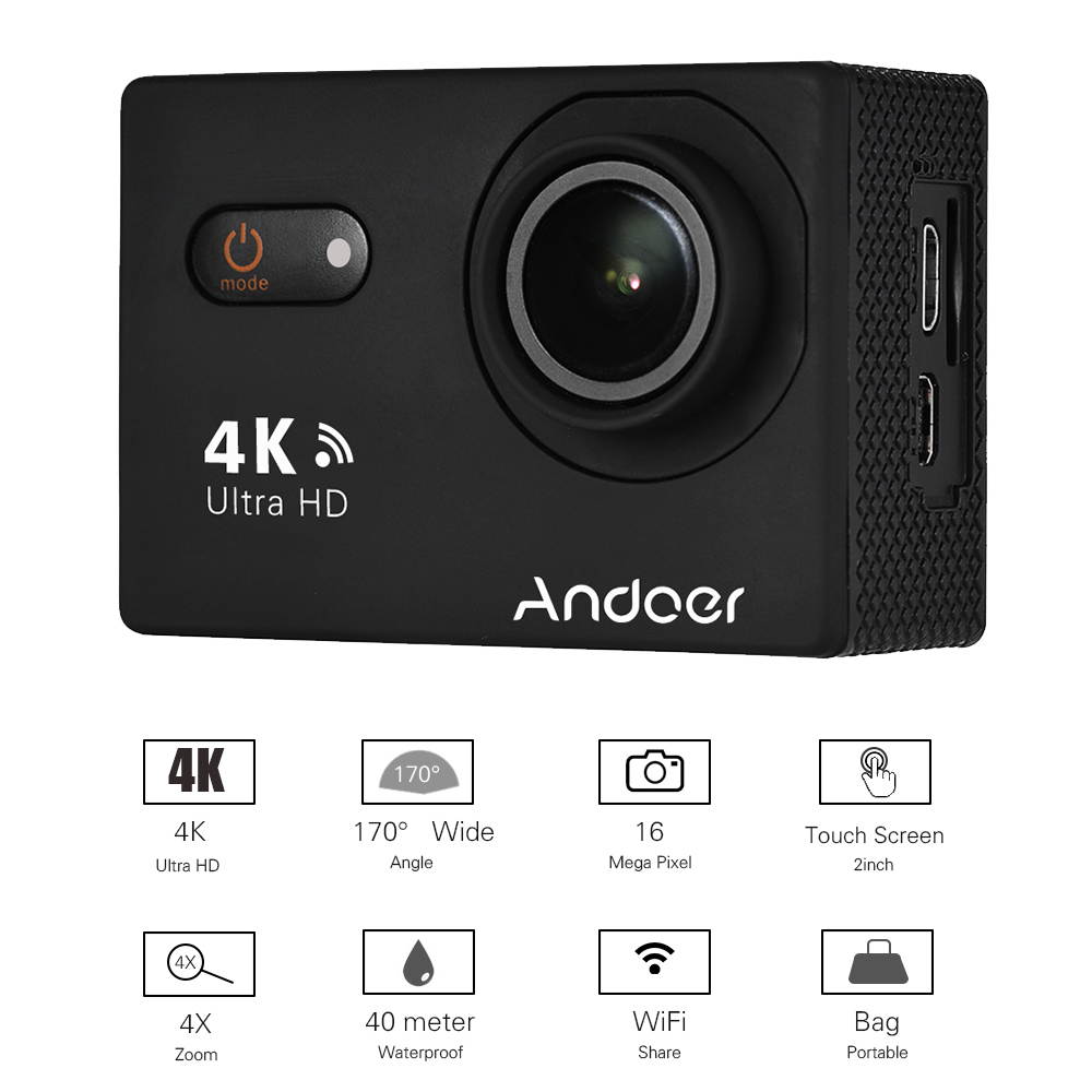Andoer AN9000 4K 16MP WiFi Action Sports Camera 1080P FHD 2" Touchscreen 170&deg; Wide Angle Lens with Hard Case Support 4X Zoom Waterproof 40m