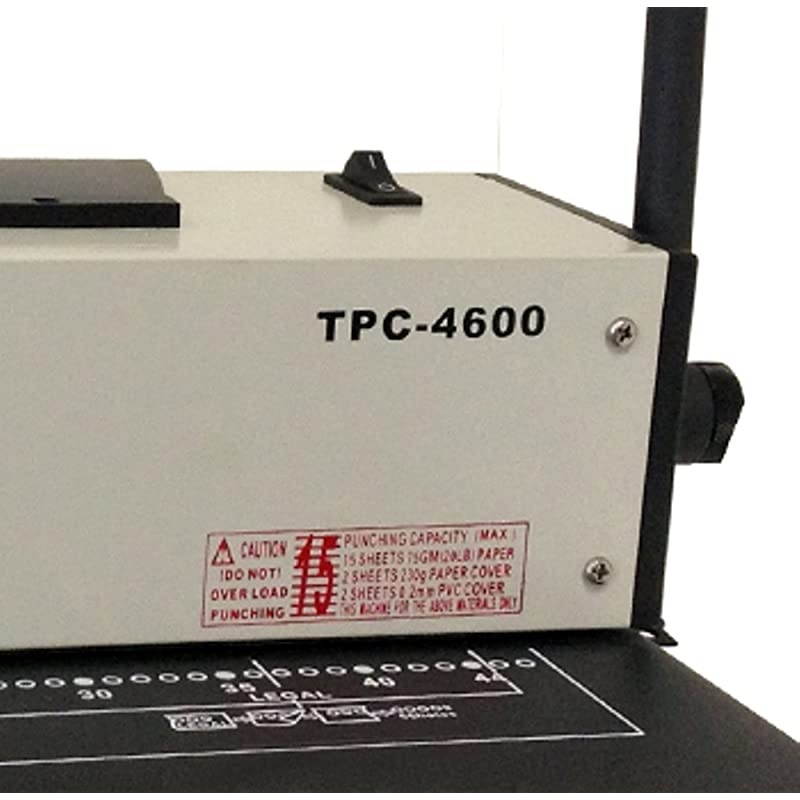 TPC-4600 Coil Punch & Bind Machine, 4:1 Pitch, 15 sheets of 20lb paper up to A4 size max. punching capacity, 45 mm max. binding capacity, 46 hole punch with extension pin for longer sheets