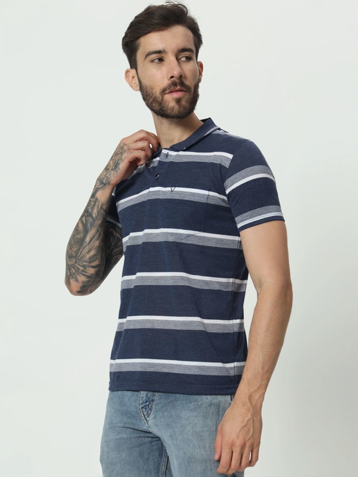 Tab91 Dark Blue Regular Fit Striped Polo T-Shirts