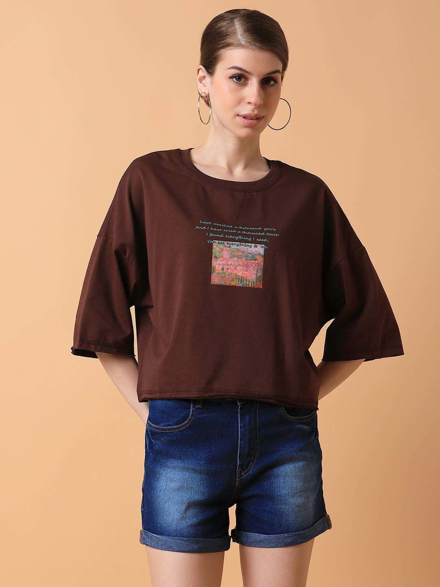 SHOWOFF Brown Cotton Printed T-Shirt