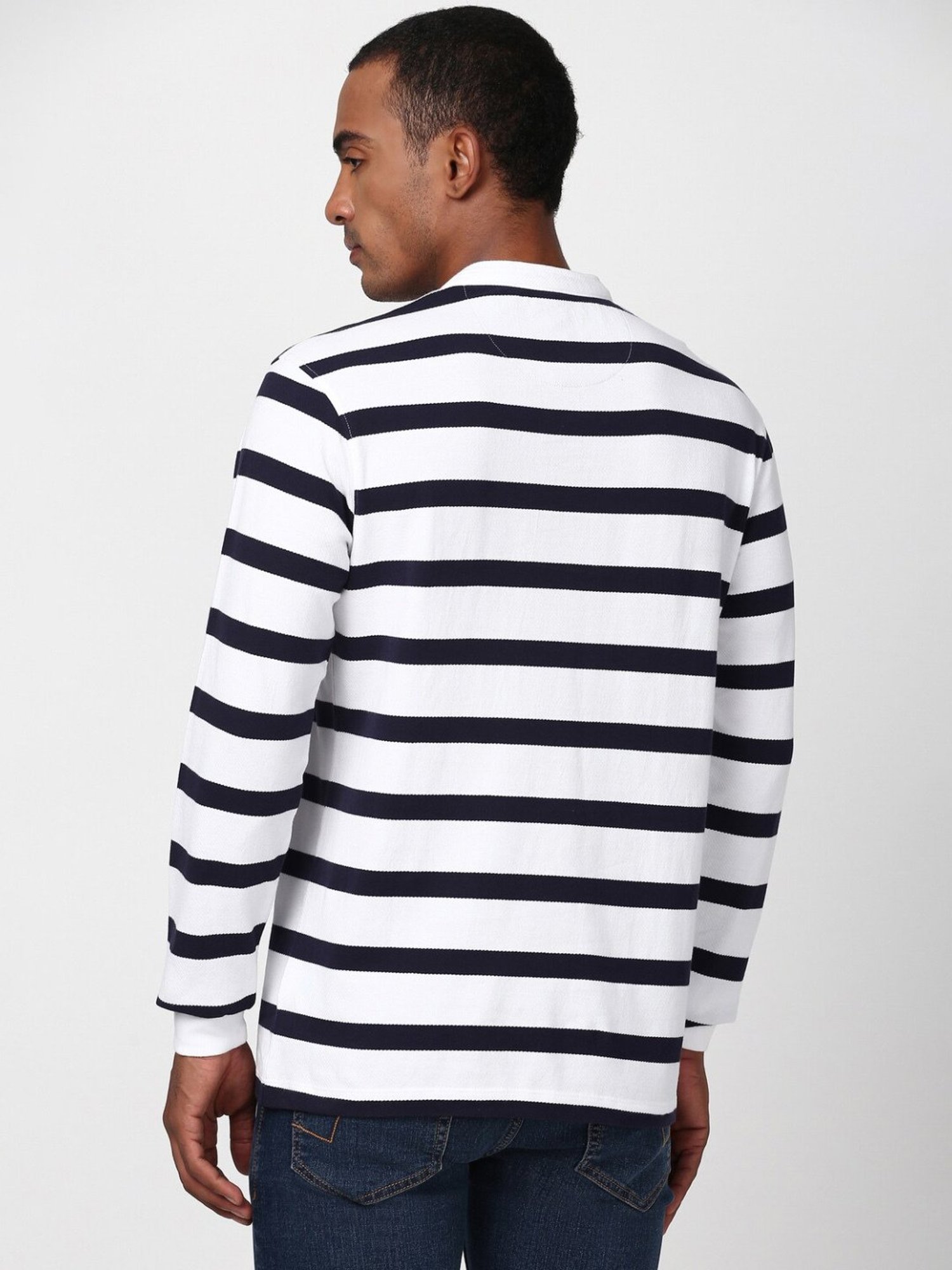 Peter England White Cotton Regular Fit Striped T-Shirt