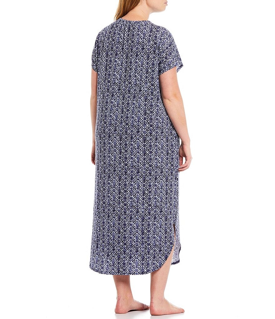 Miss Elaine Petite Silky Knit Square Neck Short Sleeve Checked Print Short Nightgown