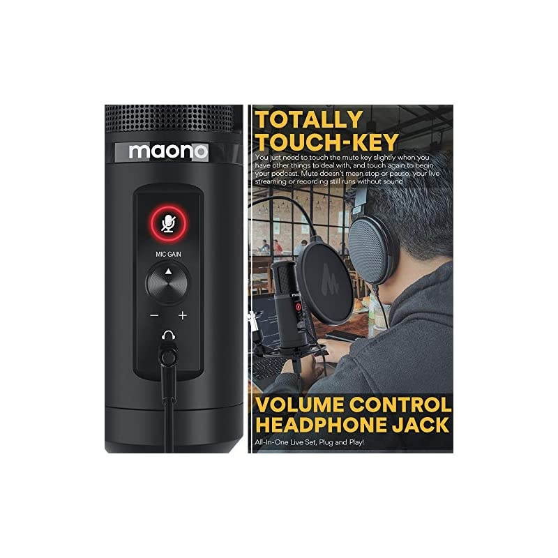 USB Microphone with Zero Latency Monitoring  AU-PM422 192KHZ/24BIT Professional Cardioid Condenser Mic with Touch Mute Button and Mic Gain Knob for Recording, Podcasting, Gaming, YouTube