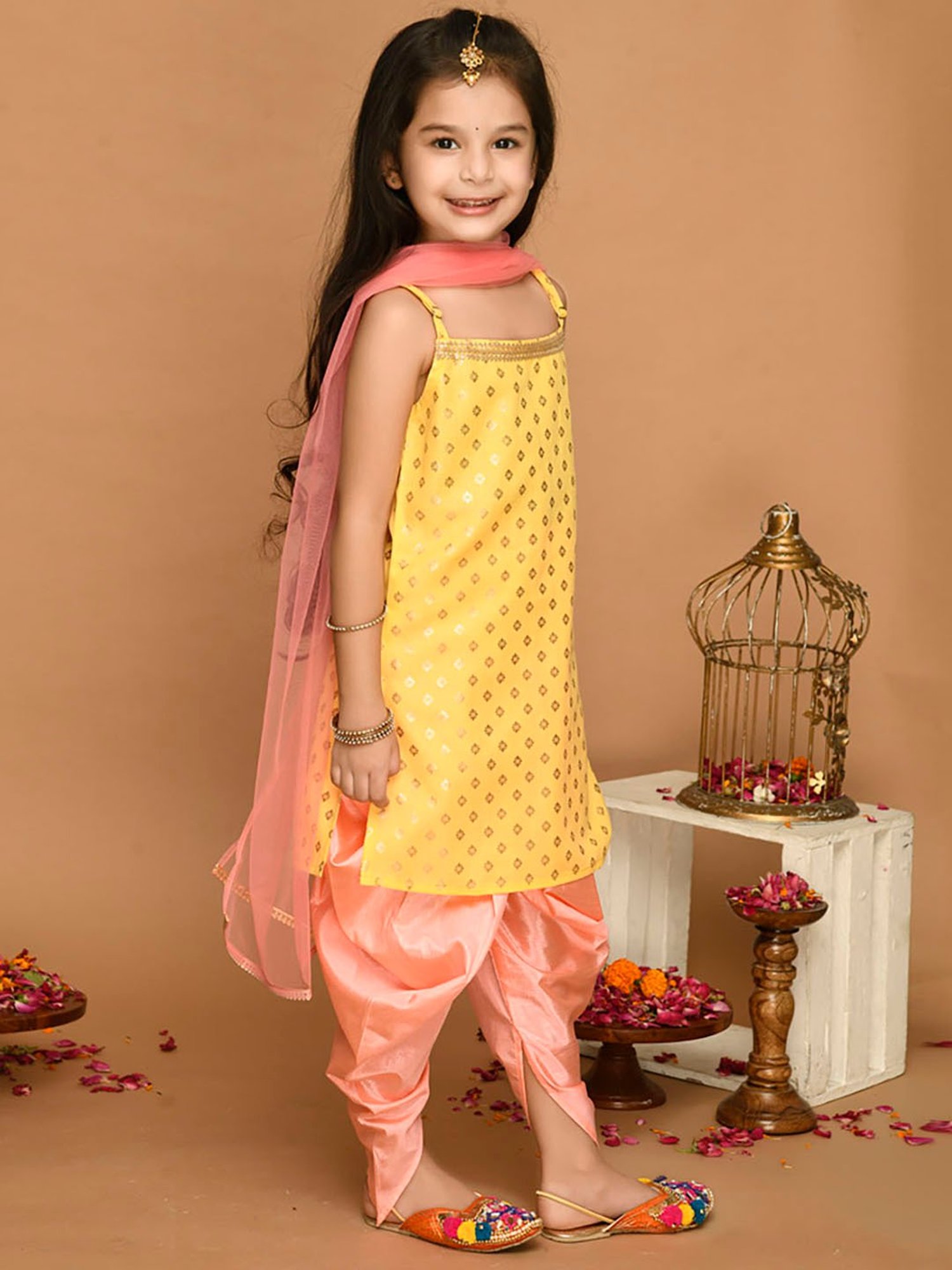 Saka Designs Kids Yellow & Neon Pink Printed Kurta with Dhoti & Dupatta