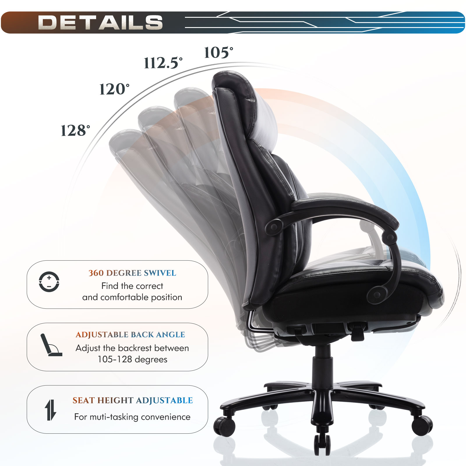 High Back Big & Tall 400lb Ergonomic Bonded Leather Office Chair - Executive Desk Computer Swivel Chair - Heavy Duty Metal Base, Adjustable Tilt Angle with Lumbar Support