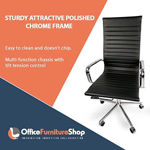 Chelsea Modern Office Chair in PU Leather with Chromed Steel Frame, Multi-Functional Chassis, Horizontal Channel Stitching, Swivel, Ribbed High Back for Tall People, for Conference Room - BLACK COLOR