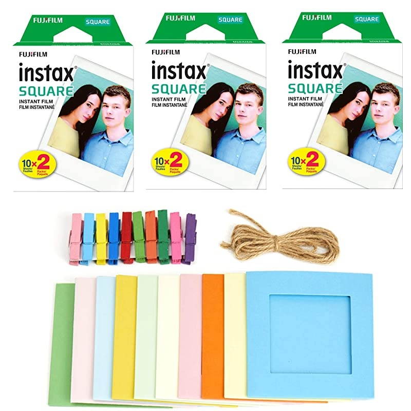3X  Instax Square Instant Film 60 Exposures + Hanging Photo Frames for Square Film Assorted Colors Deluxe Accessory Bundle