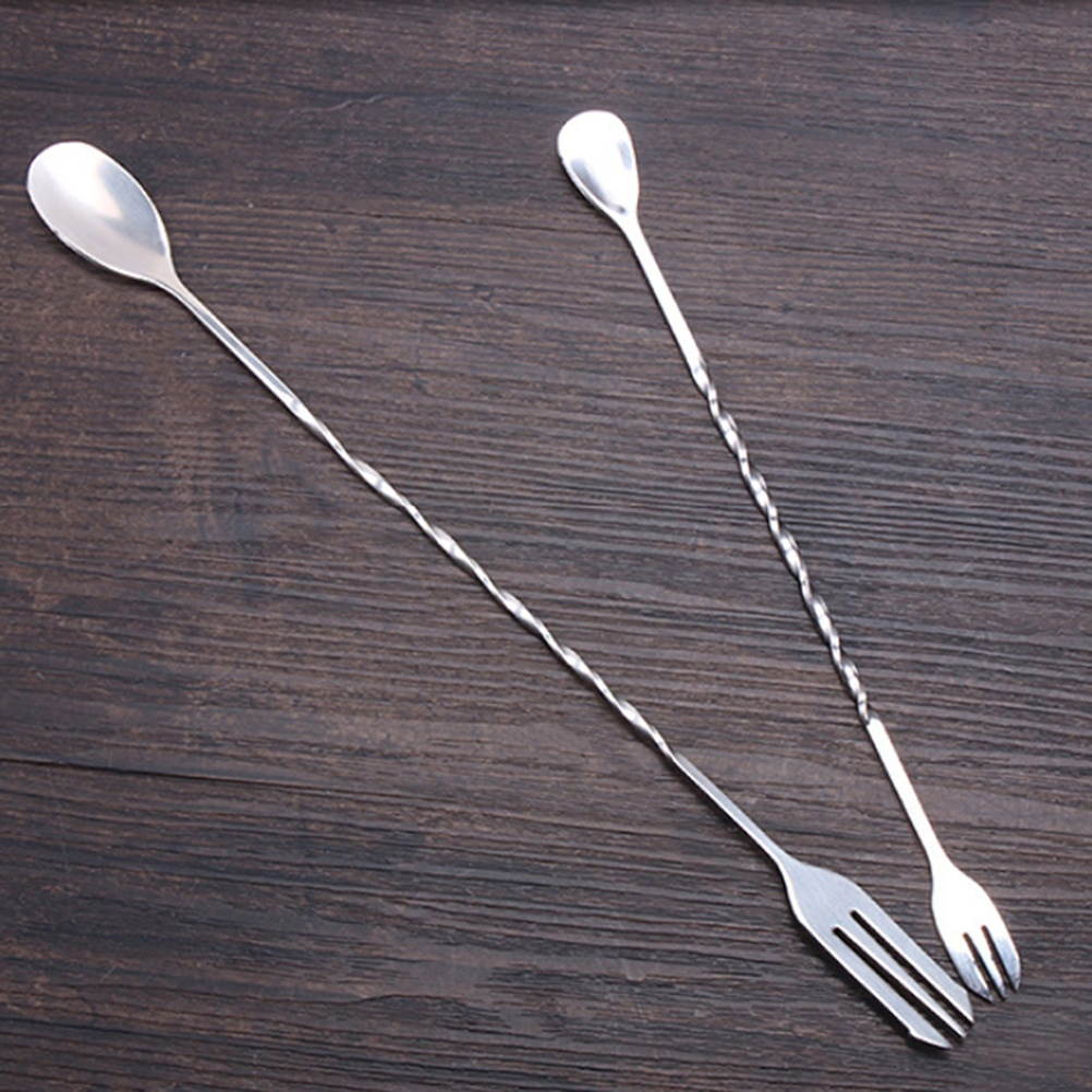 4pcs Wine Stirring Rod Stick Stirrers Ice Fork Dual Head Cocktail Spoons Swizzle Stick for Bar (2pcs Long Handle 32cm + 2pcs Short Handle 25cm Silver)