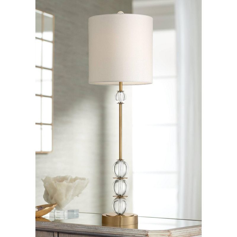 Vienna Full Spectrum Art Deco Buffet Table Lamp Crystal Ball Brass Metal Off White Fabric Drum Shade for Dining Room