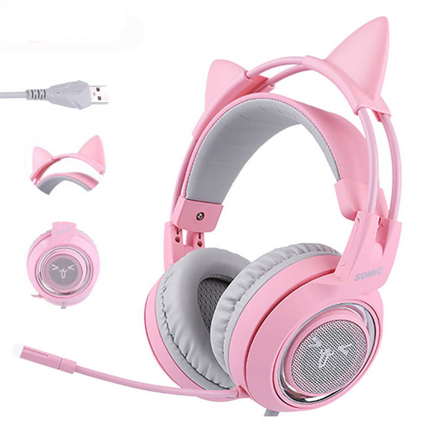 SOMIC G951 USB 7.1 Headset Surround Sound Gaming Headphone Bass Casque with Cat Ear Mic vibration for PC Notebook Pink kids Girl