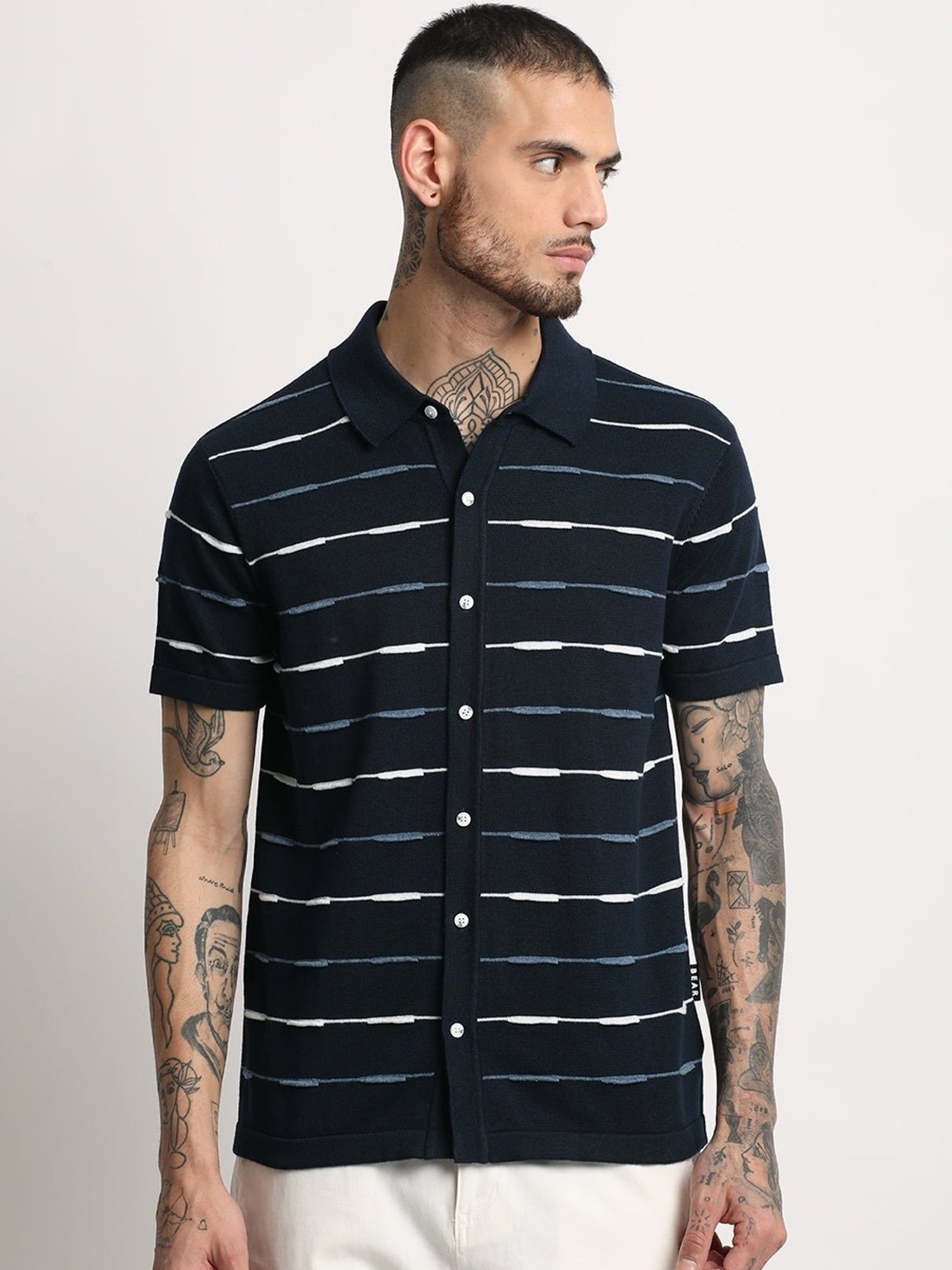 The Bear House Navy Cotton Slim Fit Striped Polo T-Shirt