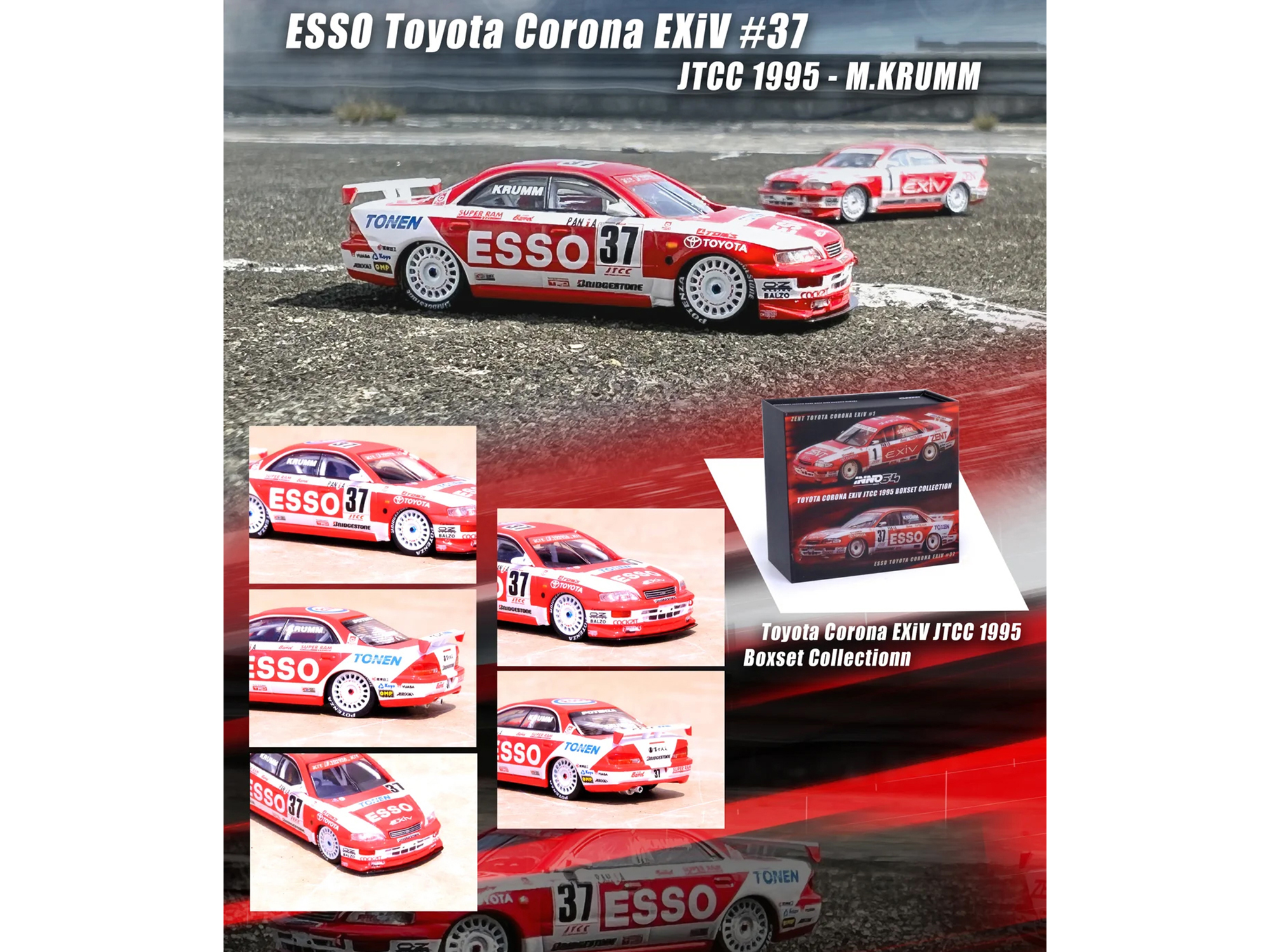 Toyota Corona EXiV #1 Masanori Sekiya "ZENT" and Toyota Corona EXiV #37 Michael Krumm "ESSO" RHD (Right Hand Drive) "Toyota Team TOM's" Japanese Touring Car Championship (1995) 2 piece Box Set Collection 1/64 Diecast Model Car by Inno Models