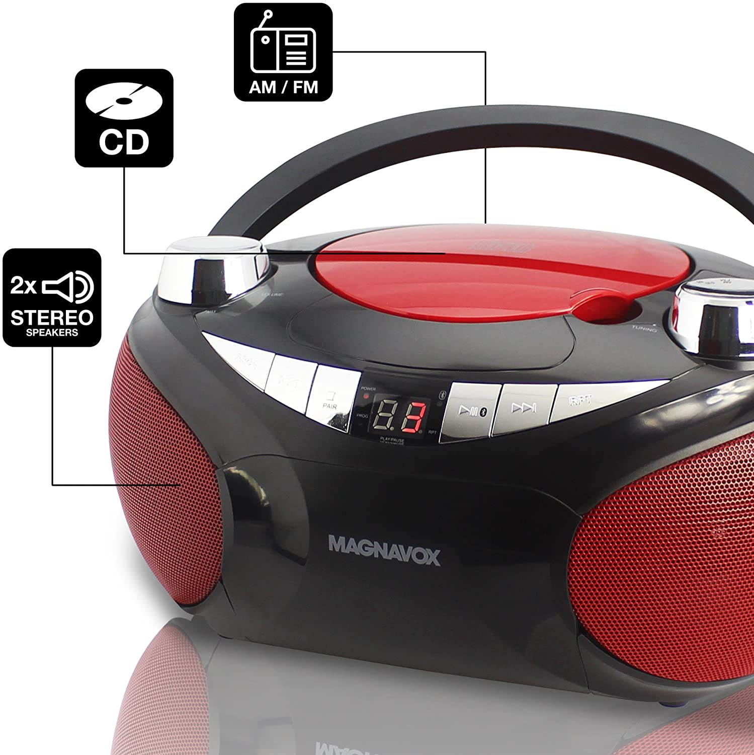 Magnavox MD6949 CD Boombox with AM/FM Radio & Bluetooth Wireless Technology - Red/Black