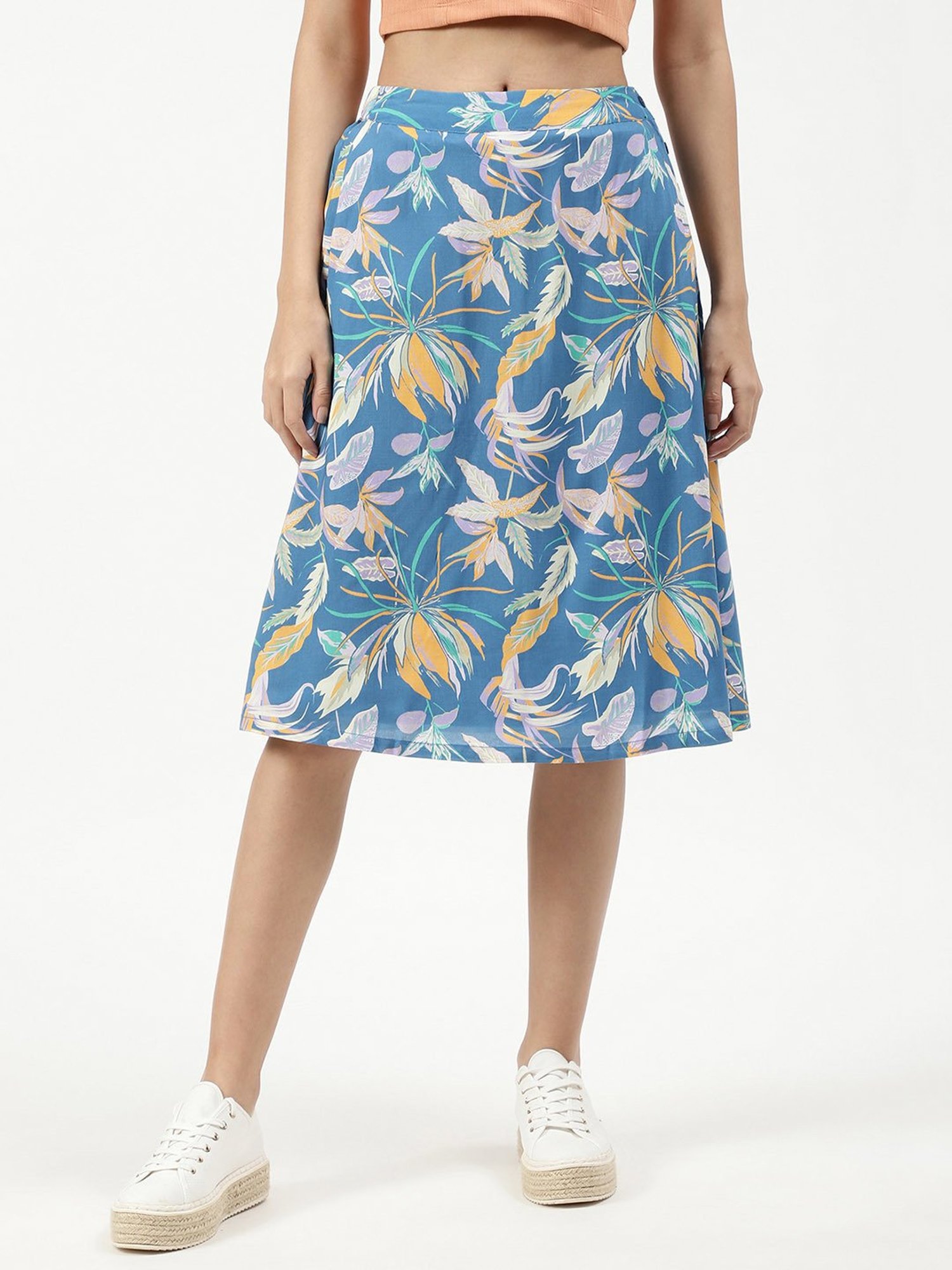 Elle Blue Cotton Floral Print Skirt