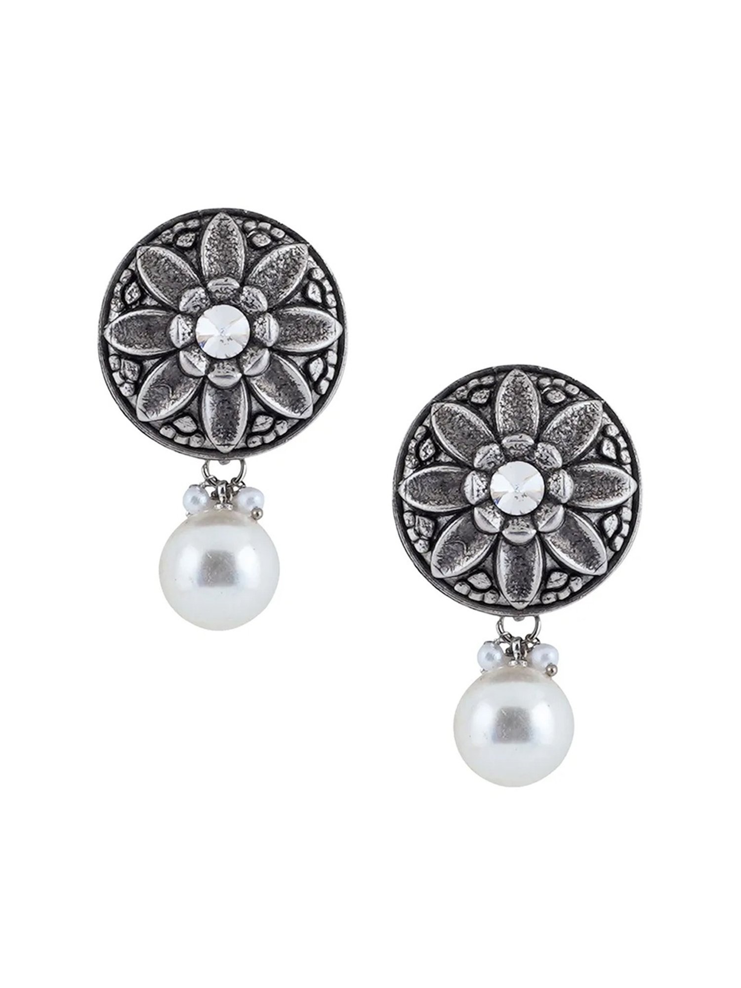 Oomph Jewellery Oxidized Silver Ethnic Silver Look Alike Round Shape with Pearls Drop Earrings