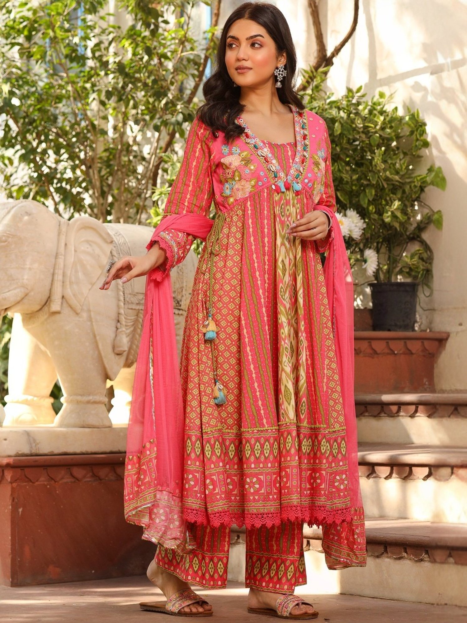 Juniper Pink Cotton Printed Kurta Palazzo Set With Dupatta
