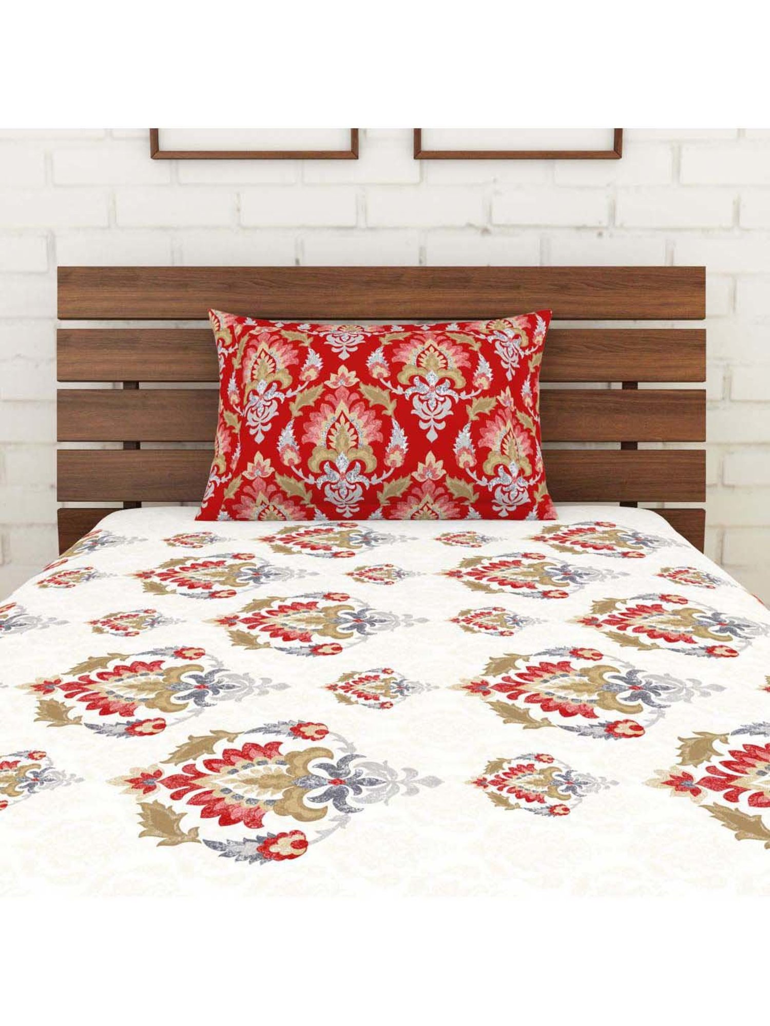 Spaces Atrium Red & Off White Cotton 144 TC Bed Sheet Set