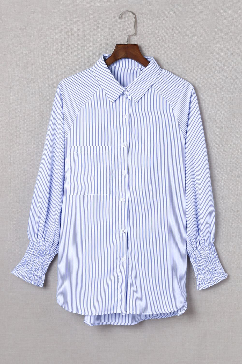Light Blue Casual Striped Shirred Cuffs Shirt