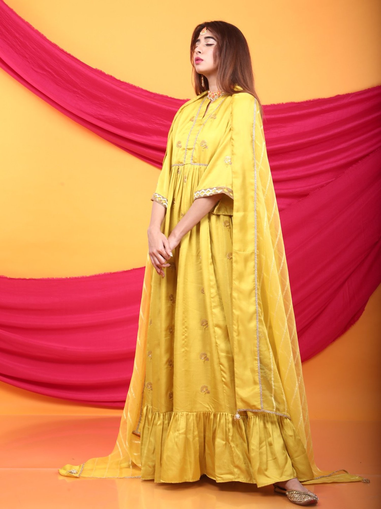 Monk & Mei Zunera Long Anarkali Kurta with Dupatta Set-Canary Yellow
