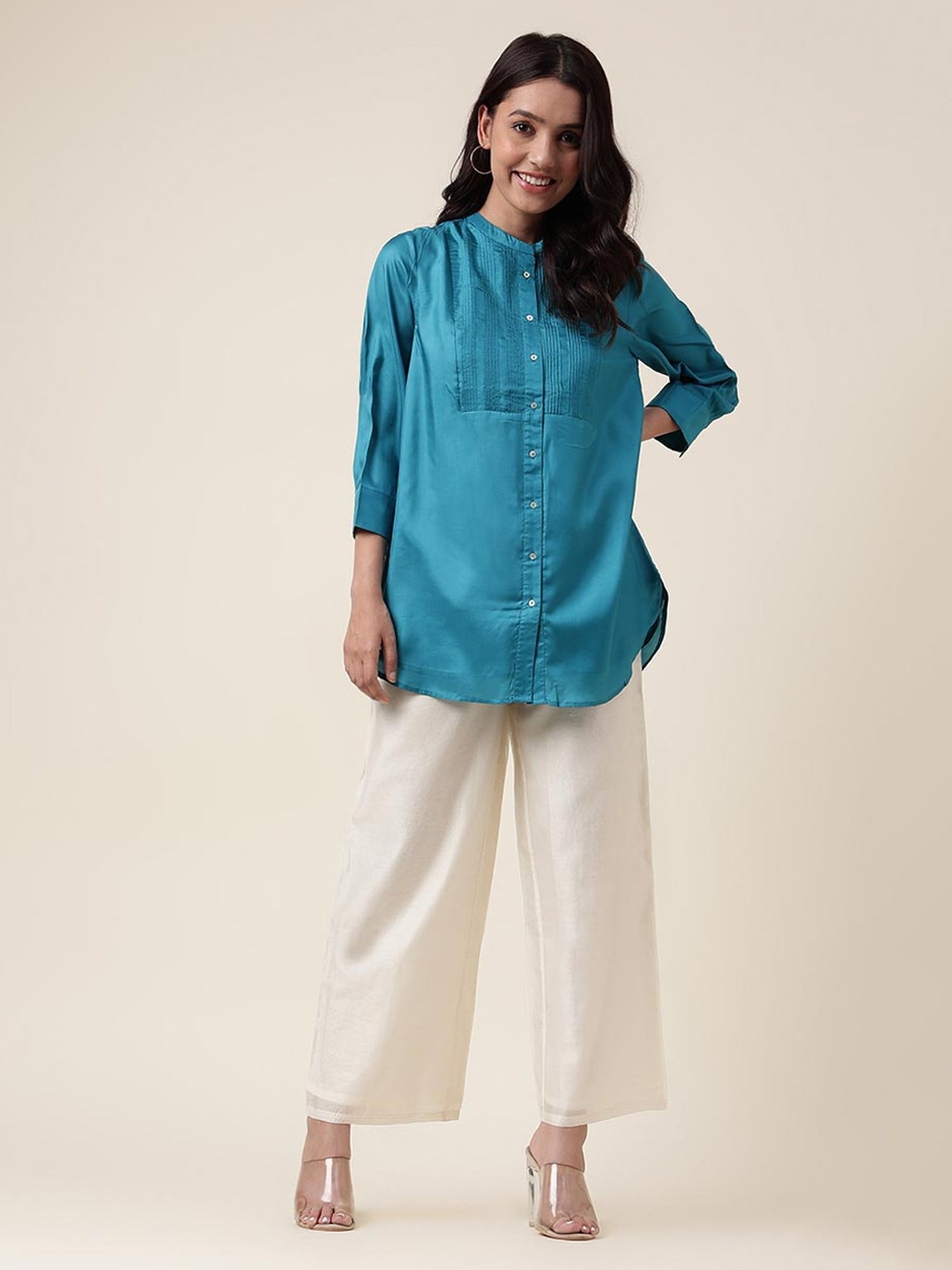 Fabindia Teal Blue Mandarin Collar Tunic
