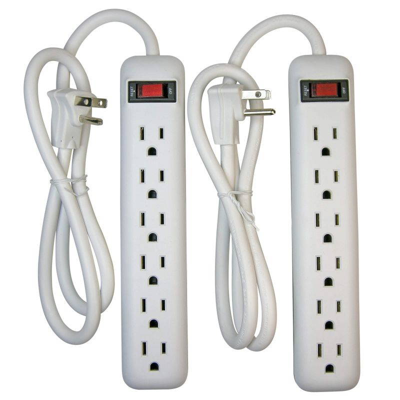 Prime Wire PB8100X2 6-Outlet Power Strip with Right Angle Plug and 14-3 SJT 3-Feet Cord, 2-Pack