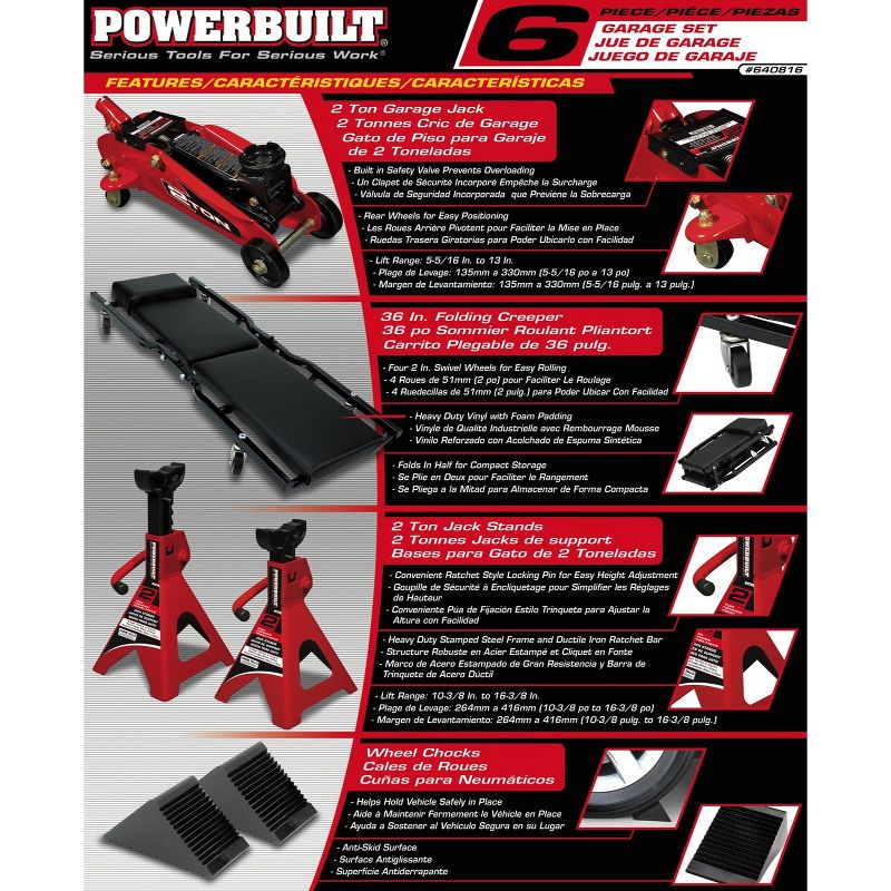 Powerbuilt 640816 6 Piece Car Jack, Jack Stands, Folding Creeper and Wheel Chocks Garage Service Set
