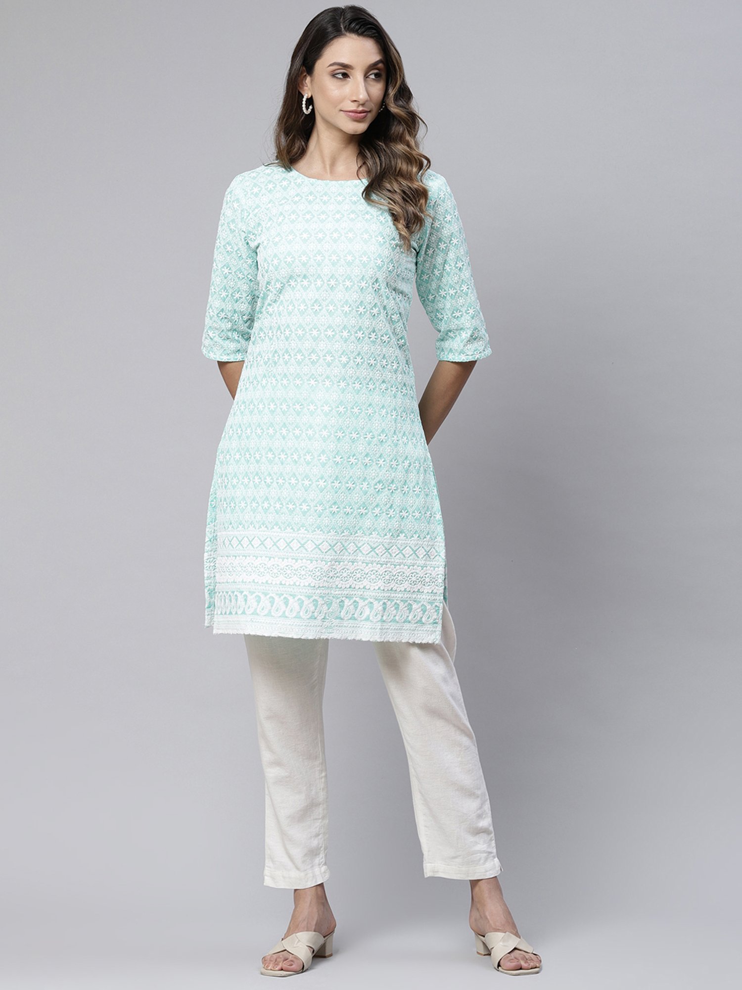 SWAGG INDIA Blue Cotton Embroidered Straight Kurti