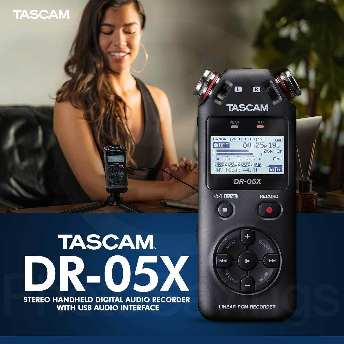 Tascam DR-05X Stereo Handheld Digital Audio Recorder with USB Audio Interface + 16GB + Microphone + Premium Accessories Bundle