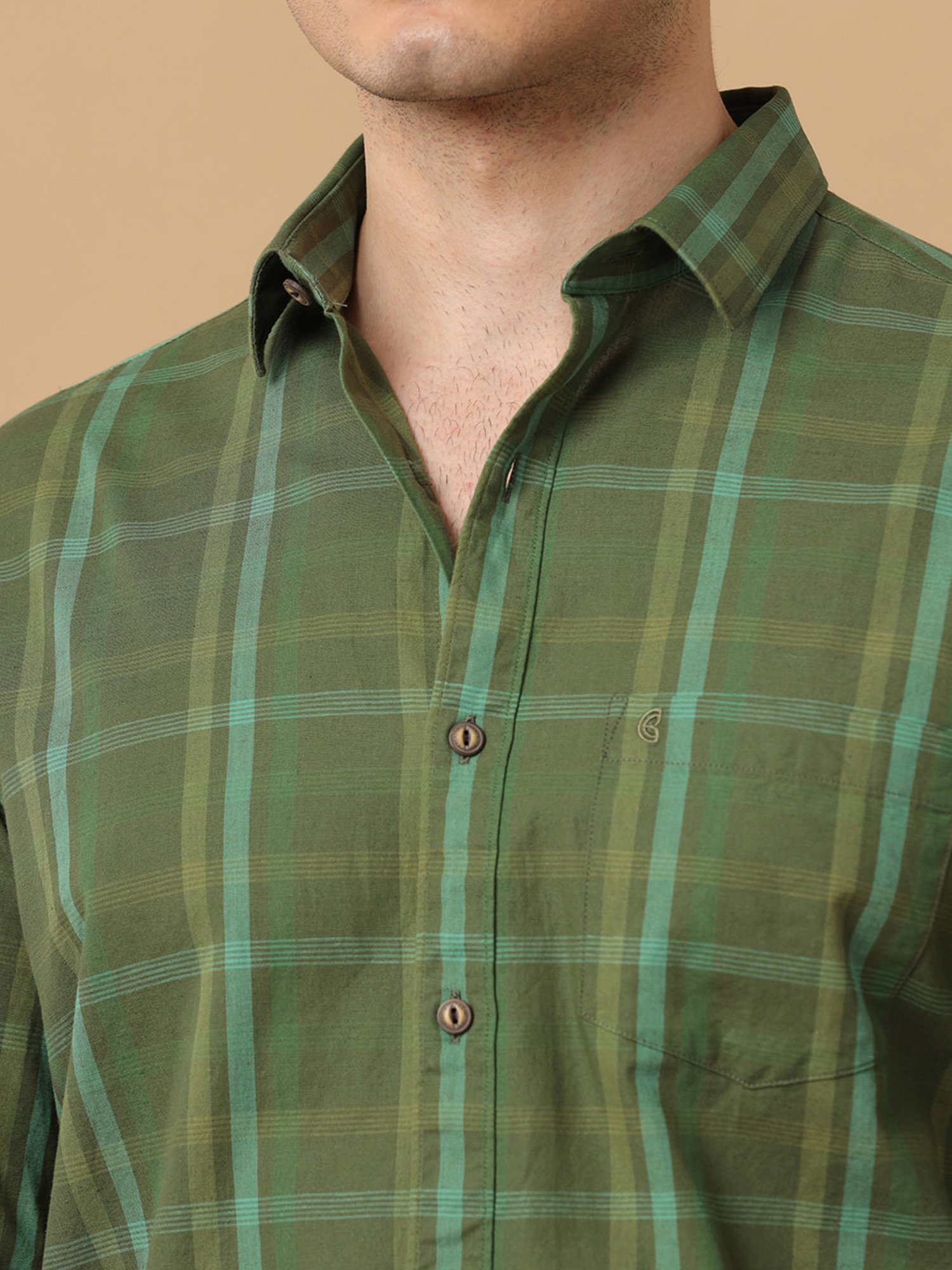 CAVALLO by Linen Club Green Contemporary Fit Check Shirt