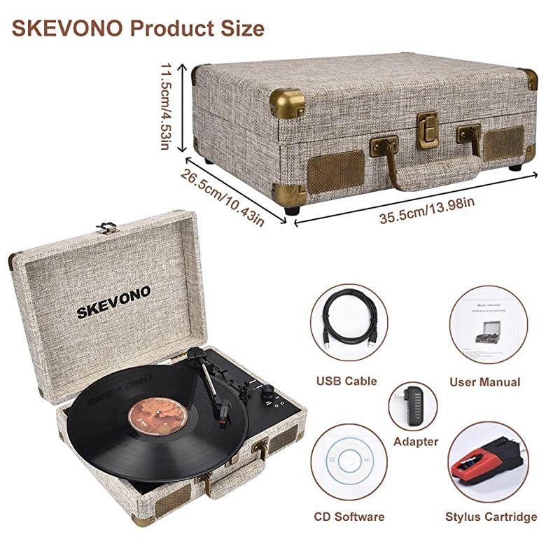 Vinyl Record Player  3 Speed Portable Suitcase Turntable Bluetooth Vintage Record Player with 2 Builtin Speakers Supports RCA OutputHeadphone JackPhone Music Playback Light Beige Linen