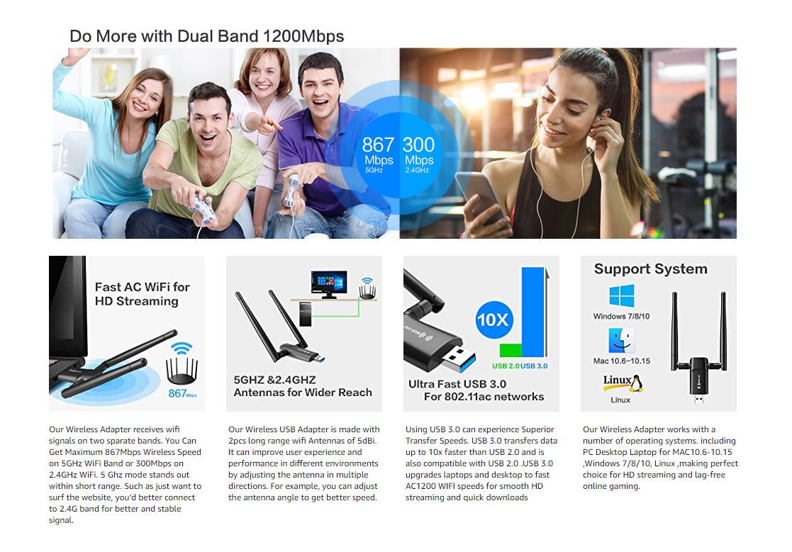 USB WiFi Adapter 1200Mbps Wireless Internet Adapter USB 3.0 WiFi Dongle for PC 802.11AC with 3dBi High Gain Antenna Support Linux Mac OS 10.9~10.15 Windows 10/8.1/8/7/ XP System, Easy to Use