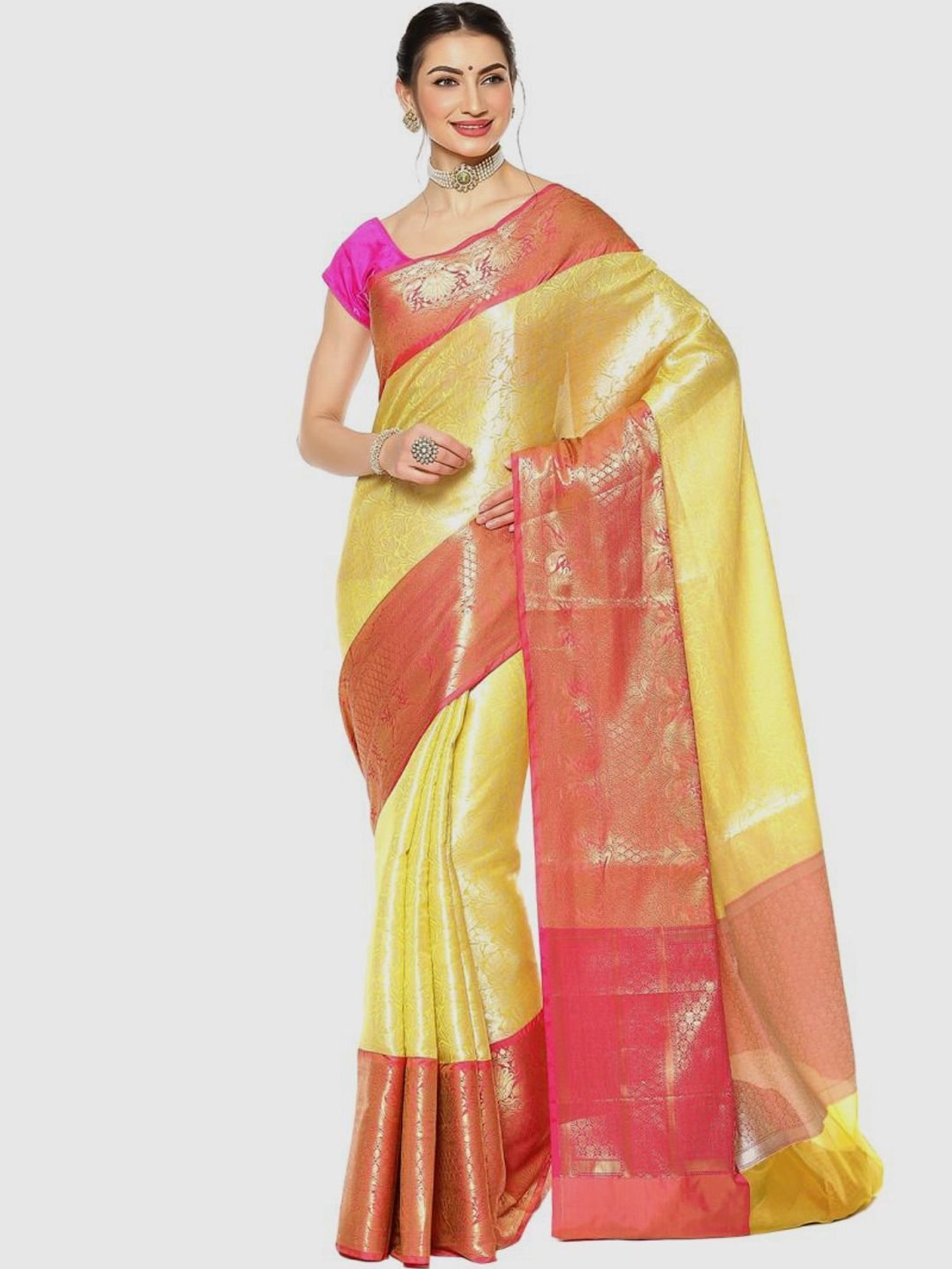 Banarasi Silk Works Yellow & Pink Woven Saree With Unstitched Blouse