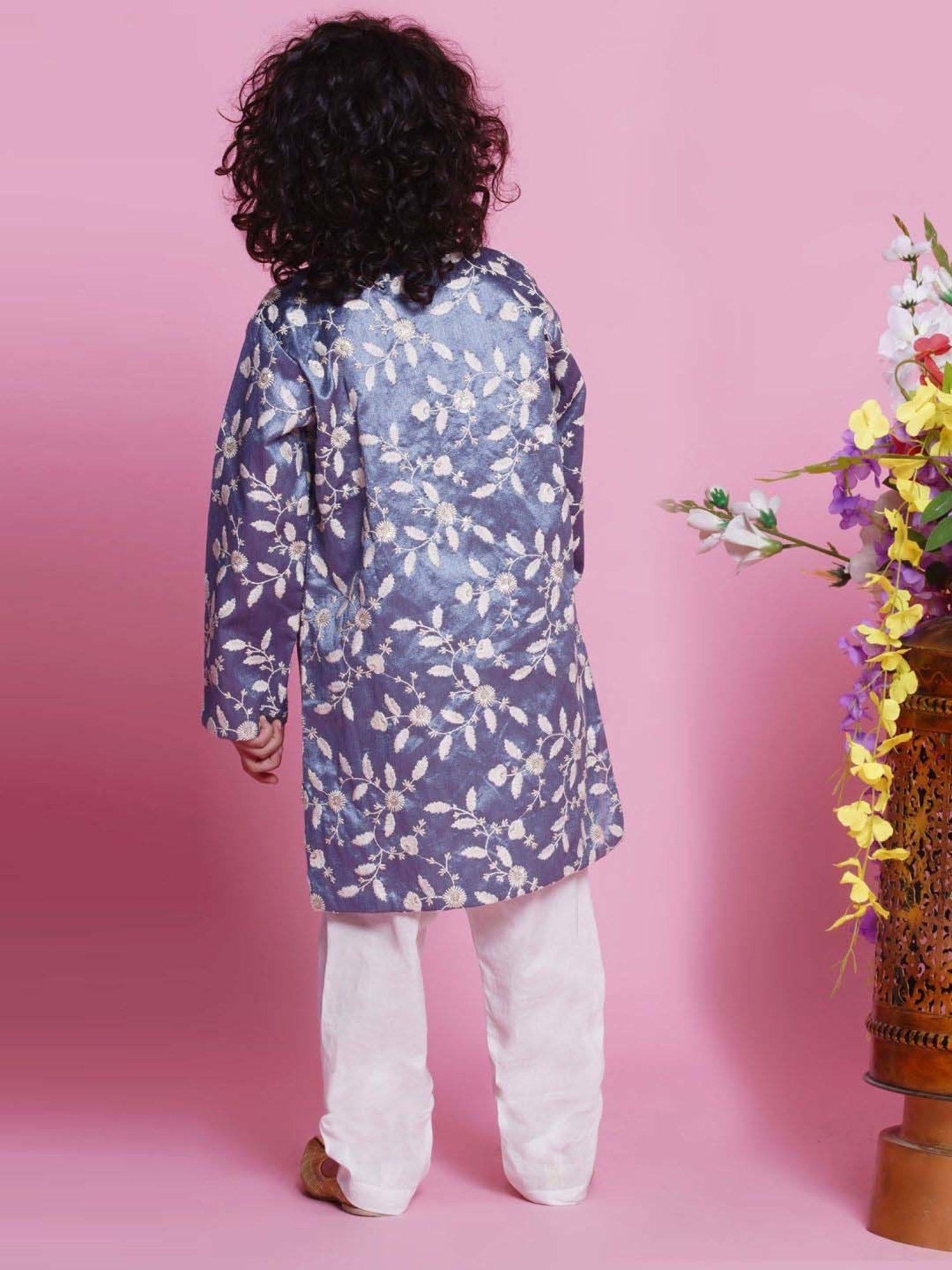 Little Bansi Boys Grey & White Embroidery Full Sleeves Kurta Set