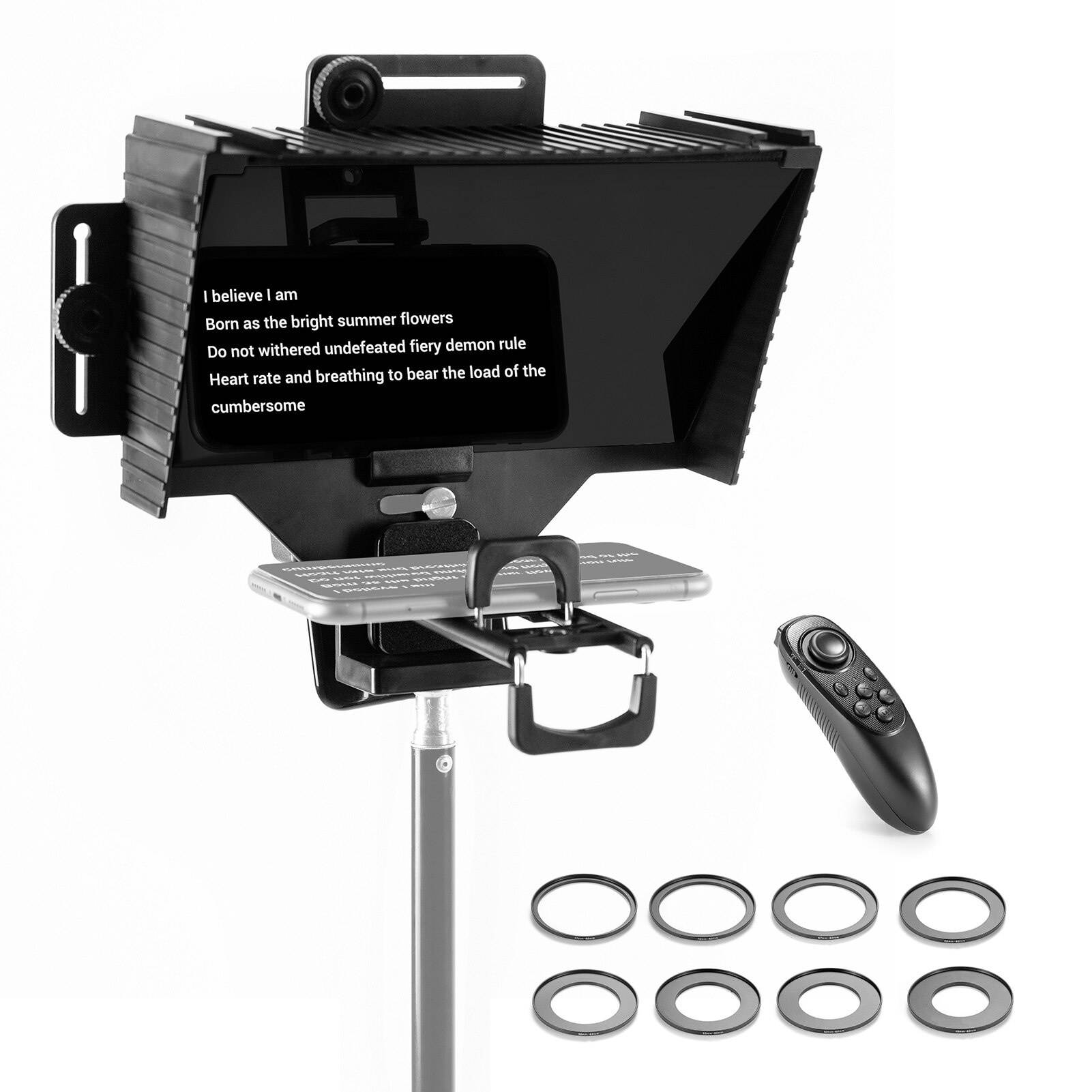 Universal Teleprompter Prompter with Remote Control Lens Adapter Ring Compatible with Phone Tablet Camera for Live Stream Video