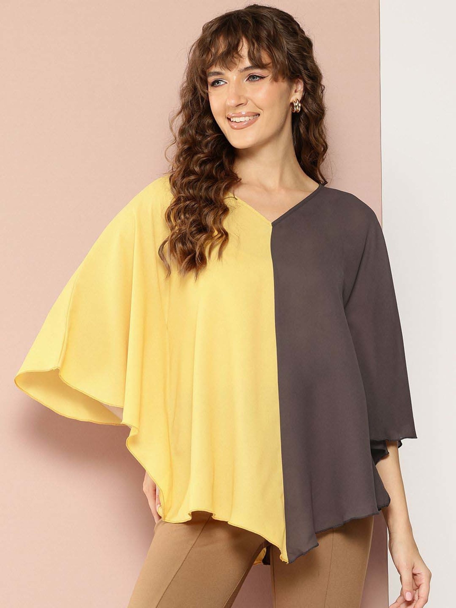 Qurvii Yellow & Brown Color-Block Top